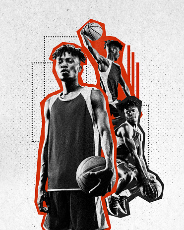 Poster. Contemporary art collage. African-American man confident throw into hoop, throwing slam dunk against white background. Paper filter. Concept of kinds of sport, energy, activity, hobby.
