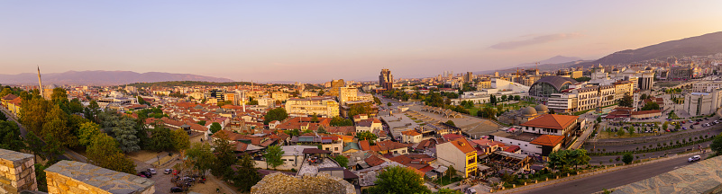 Skopje, North Macedonia - October 05, 2023: Panoramic sunset view of the city center, in Skopje, North Macedonia