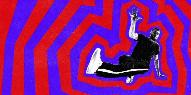 Contemporary art collage. Hip-hop, breakdance dancer performing modern dancing moving against vivid background in paper filter. Concept of kinds of sport, energy, activity, hobby, streetstyle.