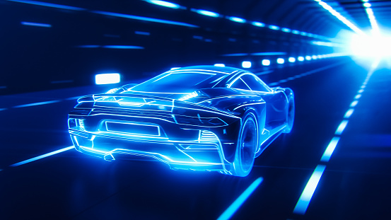 3D Car Model: Detailed Silhouette of Sports Car Driving at High Speed, Racing Through the Tunnel into the Light. Blue Supercar Made of Lines Driving Fast on Highway. VFX Special Effect Image.