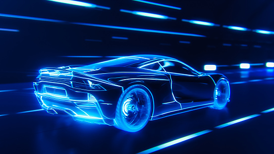 3D Car Model: Detailed Silhouette of Sports Car Driving at High Speed, Racing Through the Tunnel into the Light. Supercar Made of Blue Lines Driving Fast on Highway. VFX Special Effect Image.