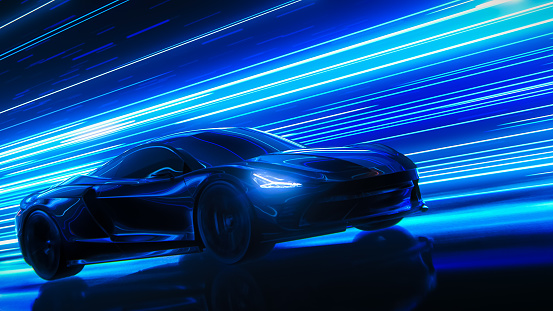 3D Car Model: Sports Car Driving at on a Wet Road on High Speed, Racing Through the Colorful Tunnel With Lights Reflecting Everywhere. Dark Supercar Driving Fast on Highway. VFX Edit.