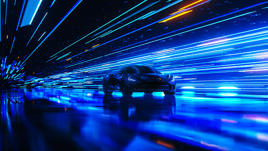 3D Car Model: Sports Car Driving at on a Wet Road on High Speed, Racing Through the Colorful Tunnel With Lights Reflecting Everywhere. Dark Supercar Driving Fast on Highway. VFX on Image.