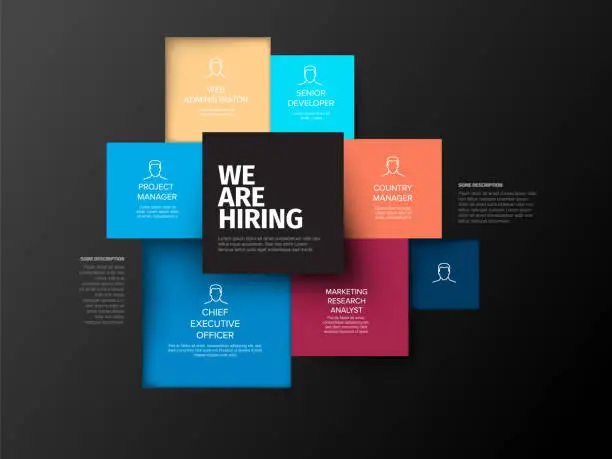 Vector illustration of We are hiring dark minimalistic flyer template with squares containing position names