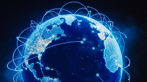 istock 3D Graphics Concept: Spinning Earth Seen from Space, Covered in Digitalization Grid Network Covering Planet, Sharing Rays of Information Between Cities. Global Data Network Connecting the Whole World 1809646950