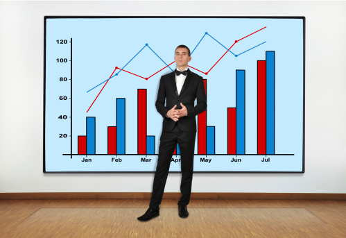 businessman in office and big plasma with graph