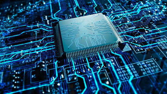 Advanced Technology Concept Visualization: Circuit Board CPU Processor Microchip Starting Artificial Intelligence Digitalization of Neural Networking and Cloud Computing Data. Digital Lines Move