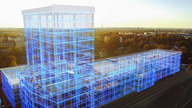 Aerial Drone Footage with VFX Concept: Building Construction Site Becomes Finished Project with 3D Graphics Effects On Image. Visualization, Digitalization of Design, Development of Futuristic City