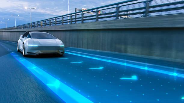 istock Autonomous Self-Driving 3D Car Moving Through City Highway. VFX Visualization Concept: AI Sensor Scanning Road Ahead for Vehicles, Danger, Speed Limits. Day Urban Driveway. Front Following View 1809651378