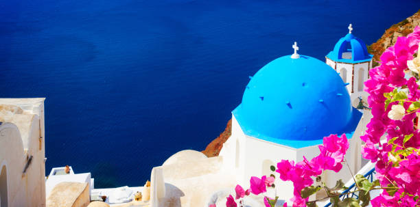 istock traditional blue dome with sea, Santorini 1809651953