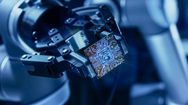 istock Futuristic Animation Concept: High-Tech Authentic Robot Arm Holding Contemporary Super Computer Processor Moving into Focus. CPU Microchip Digitilizes and Sends Data Power Lines with Computer Vision 1809654695