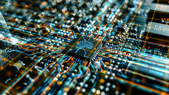 Futuristic Technology Concept Visualization: Circuit Board CPU Processor Microchip Starting Artificial Intelligence Digitalization of Data. Digital Lines Connect into Artificial Intelligence Symbol.