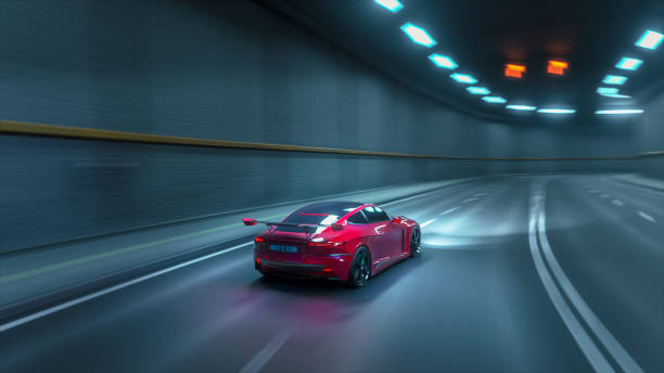 Gameplay of a Racing Simulator Video Game with Interface. Computer Generated 3D Car Driving Fast and Drifting on a Night Highway in a Futuristic City Center. VFX on Image. Third-Person View.