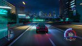 Gameplay of a Racing Simulator Video Game with Interface. Computer Generated 3D Car Driving Fast and Drifting on a Night Hignway in a Modern City. VFX Image Edit. Third-Person View.