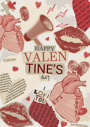 Valentine's day poster template. Retro vector illustration with paper hearts. Contemporary art collage for Valentine's Day with halftone heart and paper cut out symbols of Valentine's Day.