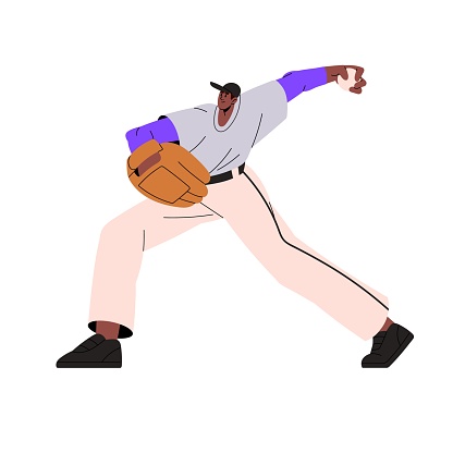 Professional american baseball player swings to throw, pitch. Pitcher plays on match, competition. Field game sportsman in glove holding ball. Flat isolated vector illustration on white background.