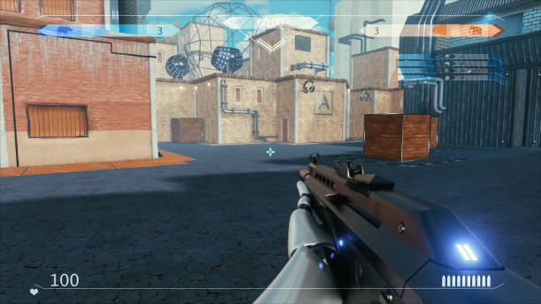 Mock-up of the Sci-Fi First Person Shooter. 3D Game Walkthrough, FPS with Gun on a Spaceship, War Against Flying Robots. Online Live Stream of Popular e-Sports Competition Event Concept. maqueta del shooter en primera persona de ciencia ficción. tutorial del juego en 3d, fps con pistola en una nave espacial, guerra contra robots voladores. transmisión en vivo en línea del popular concepto de evento de competencia de deportes electrónic