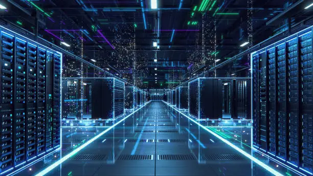 Photo of Modern Data Technology Center Server Racks in Dark Room with VFX. Visualization Concept of Internet of Things, Data Flow, Digitalization of Internet Traffic. Electric Equipment Warehouse.