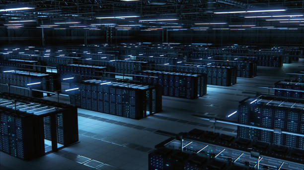 istock Modern Data Technology Center Server Racks Working in Dark Room. Concept of Internet of Things, Big Data Protection, Storage, Cryptocurrency Farm, Cloud Computing. 3D Computer Graphics. 1809660142