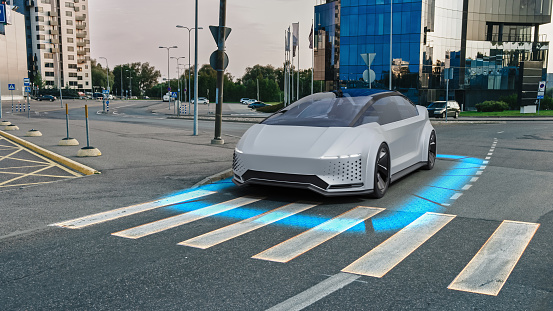 Self-Driving 3D Car Concept: Autonomous Vehicle Stops Before Crosswalk. Visualization of Safety Features: Scanning Surroundings, Detecting Pedestrian, Stopping before Crosswalk