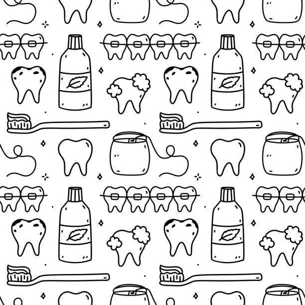 Vector illustration of Seamless pattern with dental care items - mouthwash, dental floss, teeth, braces and toothbrush. Oral hygiene. Vector hand-drawn doodle illustration. Perfect for print, wallpaper, decorations.