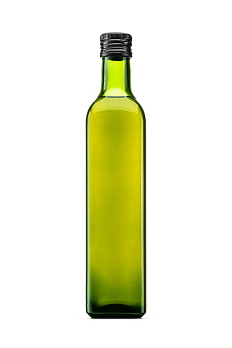 Olive oil in small green glass bottle isolated on a white background with clipping path.