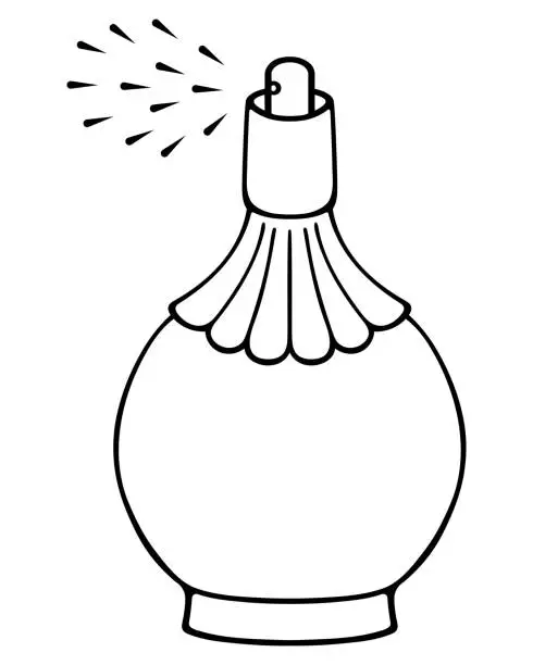 Vector illustration of Spray fragrant perfume. Cute pot-bellied bottle of eau de toilette. Container with aromatic liquid.