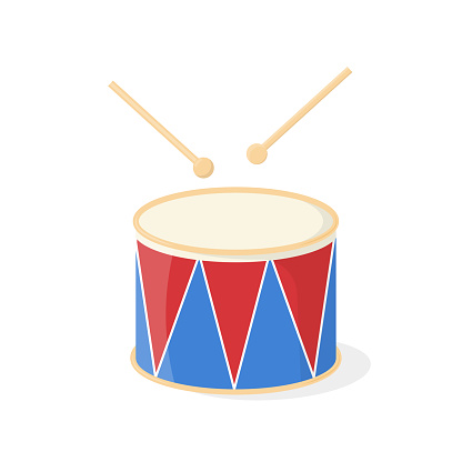 Drum and wooden drumsticks flat vector illustration
