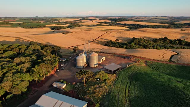 Aerial view of cereal storage silos on a farm in Brazil