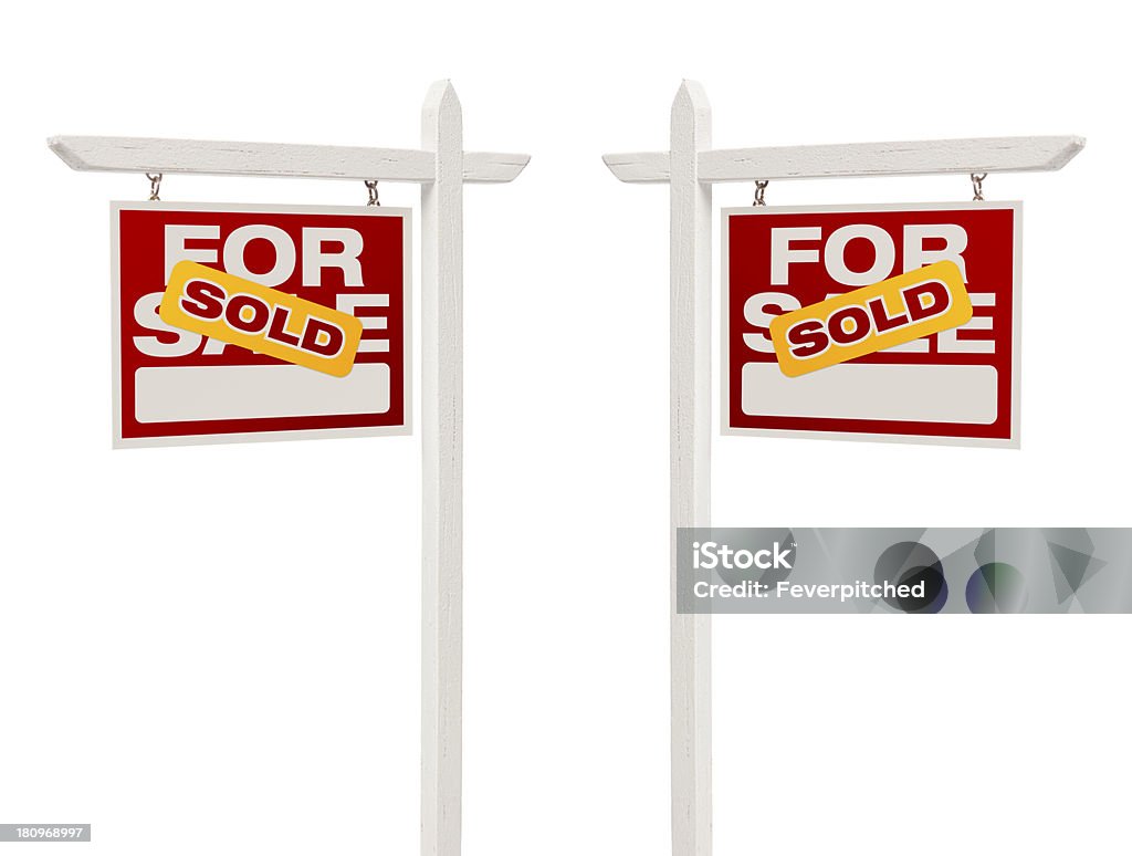 Pair of Sold For Sale Real Estate Signs, Clipping Path Pair of Left and Right Facing Sold For Sale Real Estate Signs With Clipping Path Isolated on White. Selling Stock Photo