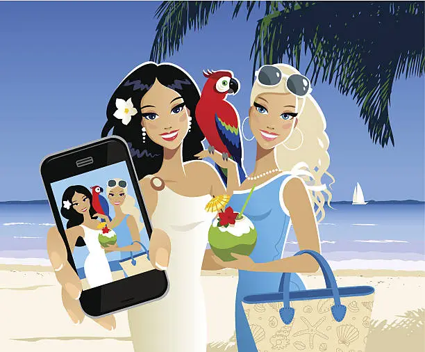 Vector illustration of Two girls making a selfie on the beach