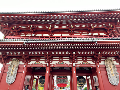 Tokyo, Japan - 04.11.2023. Hozomon gate view at Senso-ji Temple in Asakusa, Tokyo, Japan. Popular touristic destination