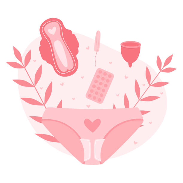 majtki damskie z liśćmi, podpaskami, tamponem, pigułkami, wystającym kubeczkiem menstruacyjnym. miesiączki. higiena intymna - menstruation tampon gynecological examination sex stock illustrations