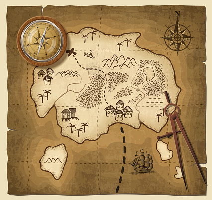 A cartoon drawing of a map with a compass
