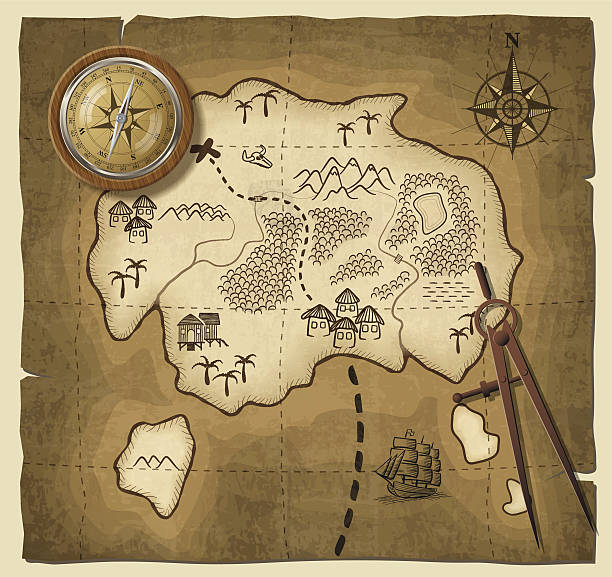 A cartoon drawing of a map with a compass An old map of a treasure island. treasure map texture stock illustrations