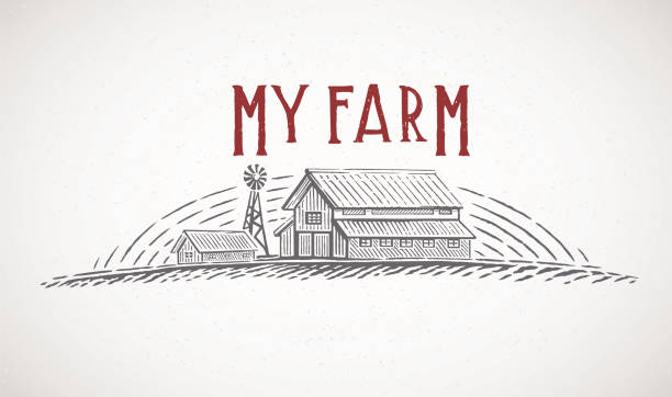 ilustraciones, imágenes clip art, dibujos animados e iconos de stock de construcción de granjas, paisaje rural, dibujo en estilo grabado. - animal husbandry industry dairy farm