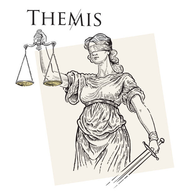 Illustration of the ancient Greek goddess Themis, personifying justice and fair trial, in the engraving style.
