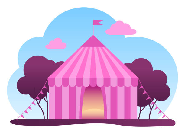 Circus pink tent with flags Carnival circus tent, amusement park element. Vector illustration isolated on white background cirque de soleil stock illustrations