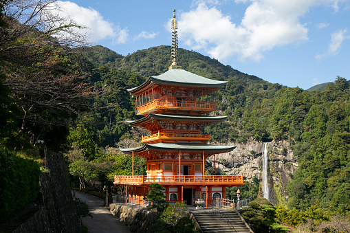 Kumano Grand Shrine is a Shinto shrine and a Buddhist temple next to picturesque Nachi falls in Wakayama Prefecture in Japan..