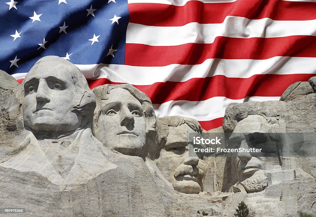Mount Rushmore with American Flag Background Presidents Day Stock Photo