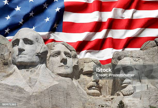 Mount Rushmore With American Flag Background Stock Photo - Download Image Now - Presidents Day, Mt Rushmore National Monument, Flag
