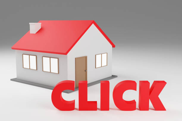 istock 3d render red sign click and house in the background. Simple minimalism concept. 1809760606