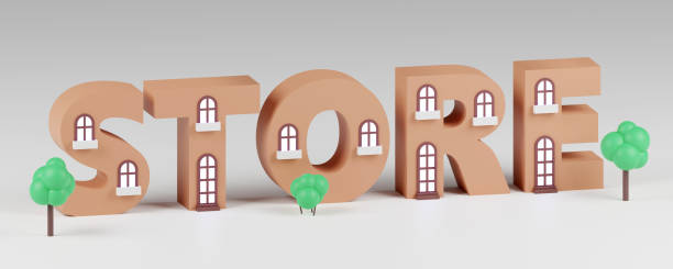 istock 3d alphabet tiny houses letters Store on grey background, 3d render, sign nature 1809766352