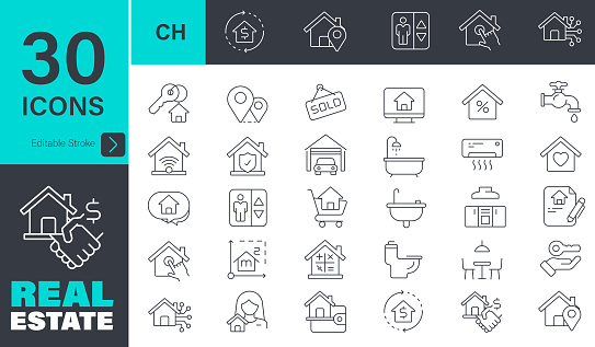 Real Estate icon set. 30 editable stroke Vector Icons Collection. stock illustration
Icon, Real Estate, Home Ownership, Real Estate Agent, Commercial Real Estate