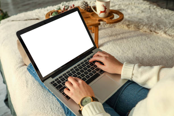 istock Young woman work on laptop computer with blank display screen with mockup copy space. Modern home living room interior design. Christmas, New Year decorated workspace 1809770210