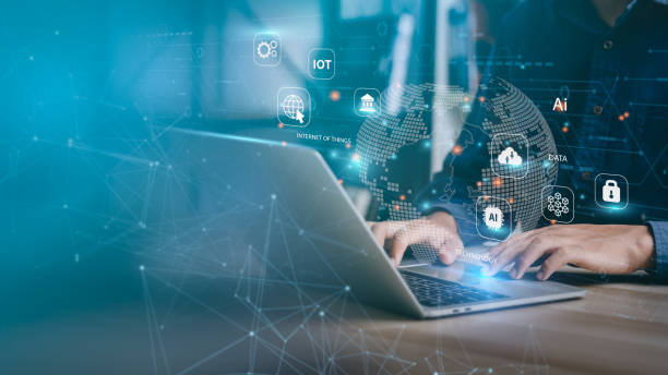 istock Businessman use computer global internet network connection for Digital Marketing, Financial, and banking, Digital link tech, technology AI, and big data. innovative technology IoT Internet of things. 1809772515