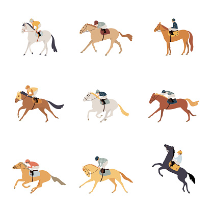 Set of cute cartoon jockeys and race horses