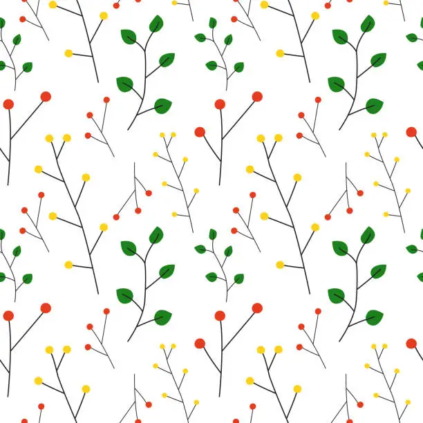 Vector illustration of Autumn and summer leaves and berries seamless pattern. Colorful bright concept background texture.