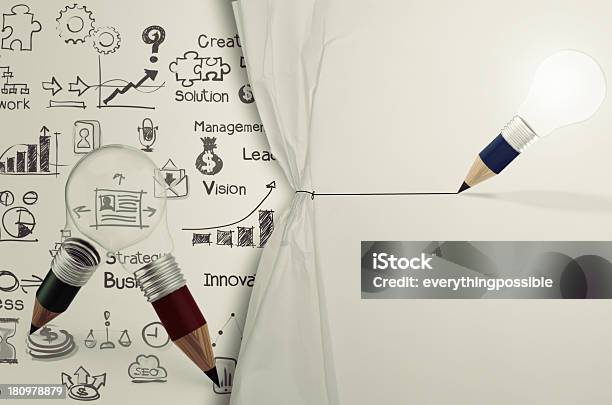 Pencil Lightbulb Draw Rope Open Wrinkled Paper Show Business Str Stock Photo - Download Image Now