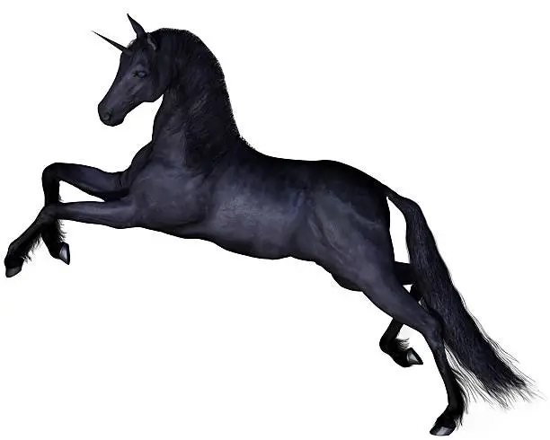 Magical black unicorn leaping against a white background, 3d digitally rendered illustration.